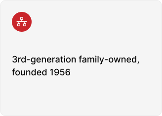 A red icon of a family tree above the text: "3rd-generation family-owned, founded 1956" on a white background.