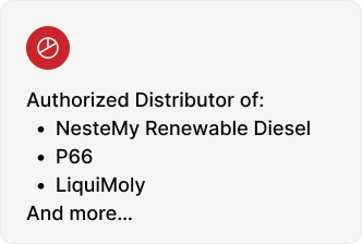 A list shows an authorized distributor of NesteMy Renewable Diesel, P66, LiquiMoly, and more, with a red icon above the text.